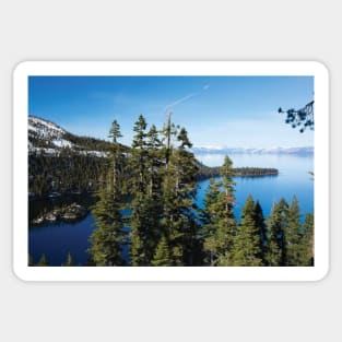 Trees At Lakeshore With Mountain Range In The Background Lake Tahoe Sticker